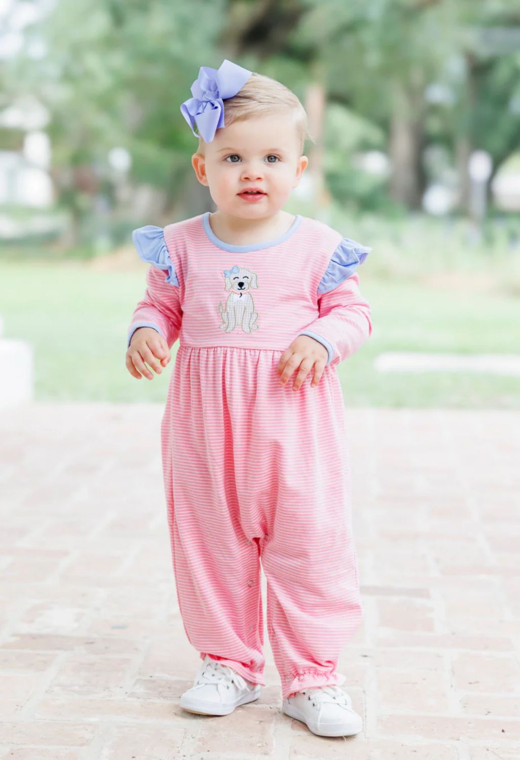 Puppy Applique Ruffle Long Sleeve Romper 