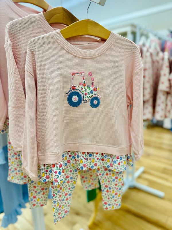 Tractor Applique Waffle Knit Top with Fruit Floral Leggings