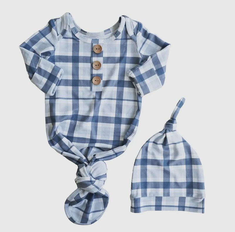 Caden Lane Paxton's Plaid Newborn Baby Knotted Gown &amp; Hat Set