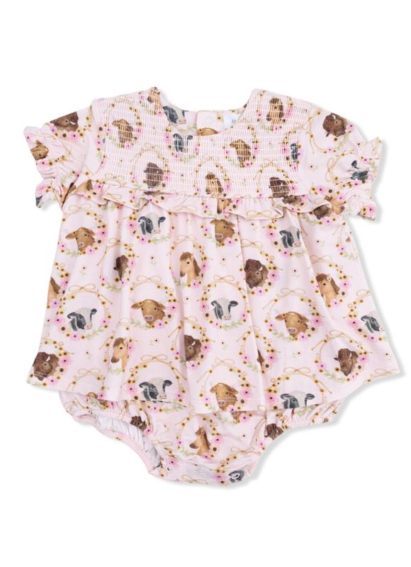 Farm Animals Floral Cameos Pink Smocked Ruffle Bubble with Skirt