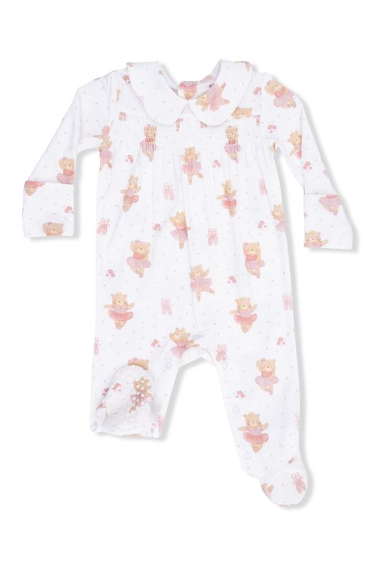 Teddy Bear Ballerina Smocked Peter Pan Snap Footie