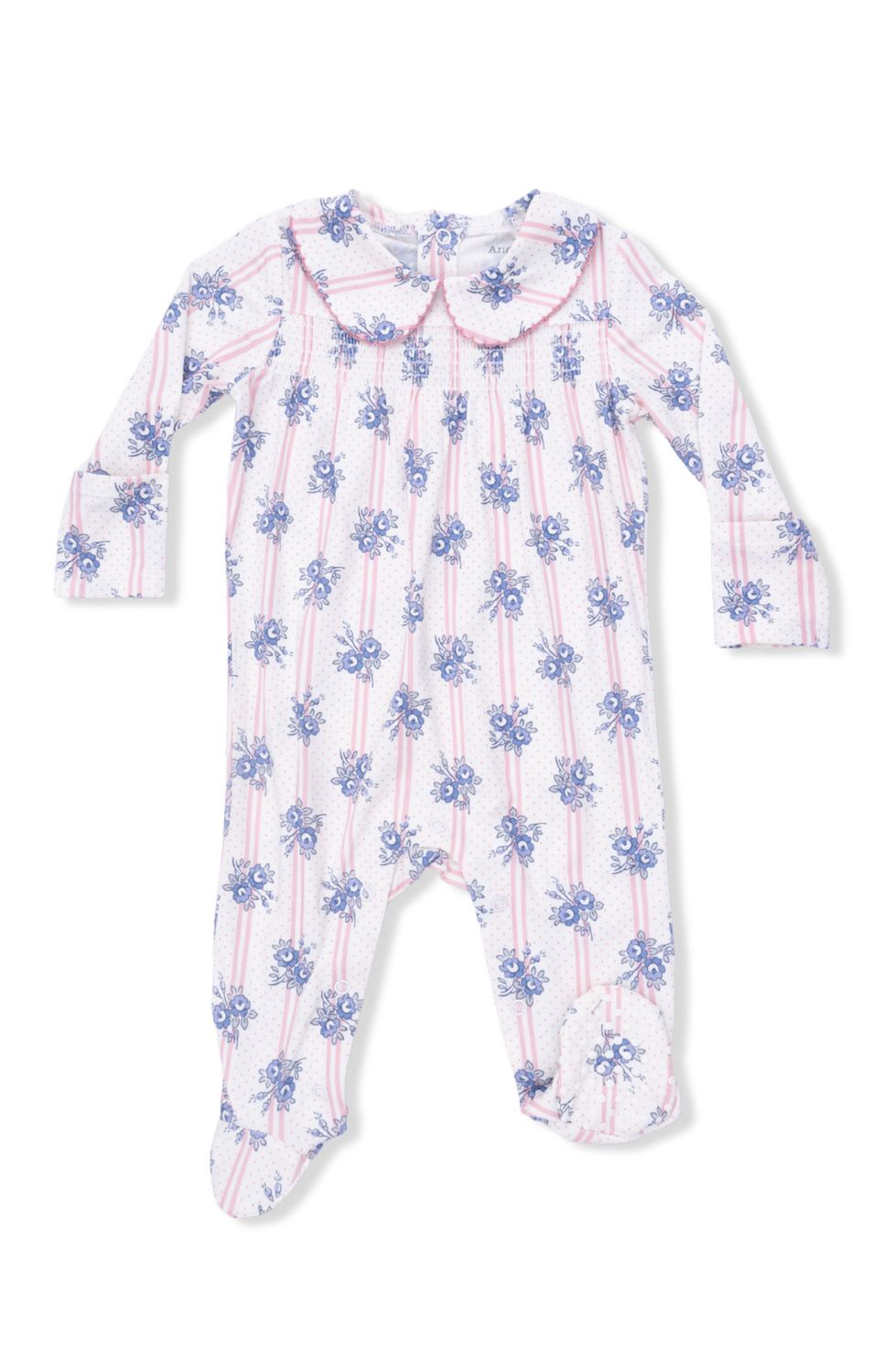 Stripe Dot Roses Smocked Peter Pan Snap Footie