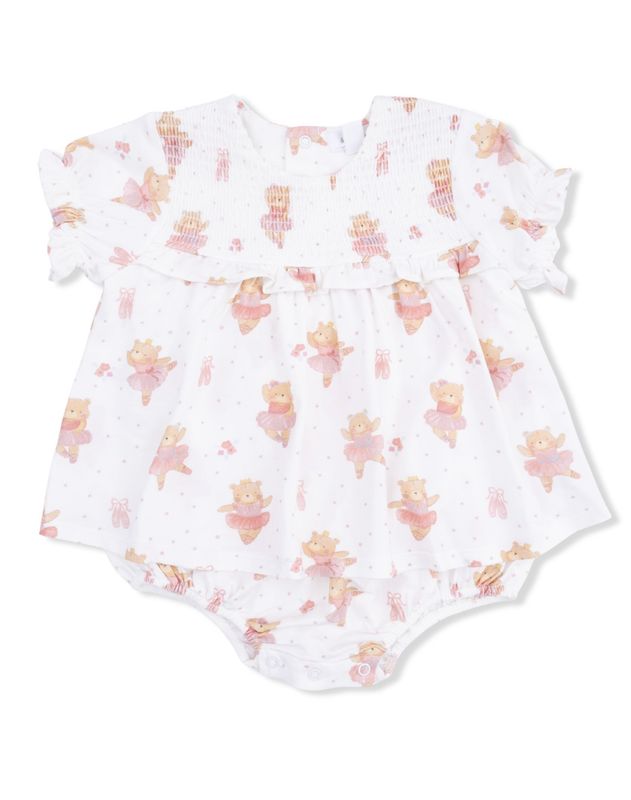 Teddy Bear Ballerina Smocked Ruffle Bubble with Skirt