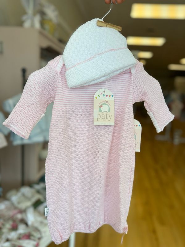 Paty Pink Lap Shoulder Gown with White/Pink Beanie