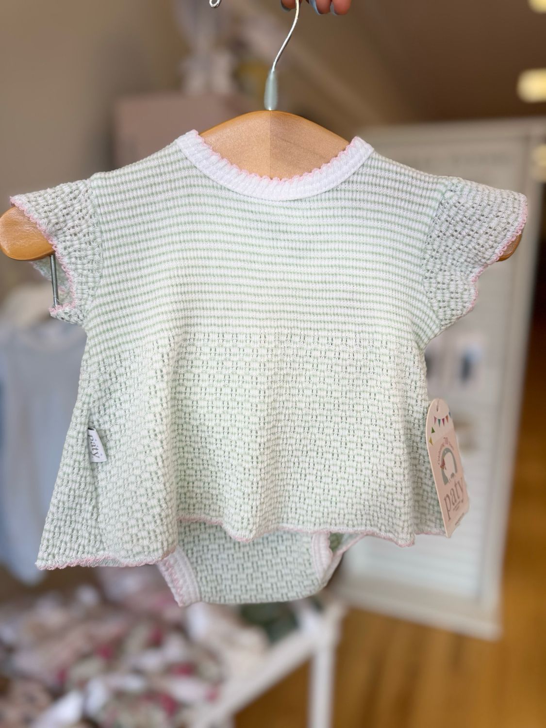 Paty Flutter Sleeve Diaper Set- Mint with Pink Trim