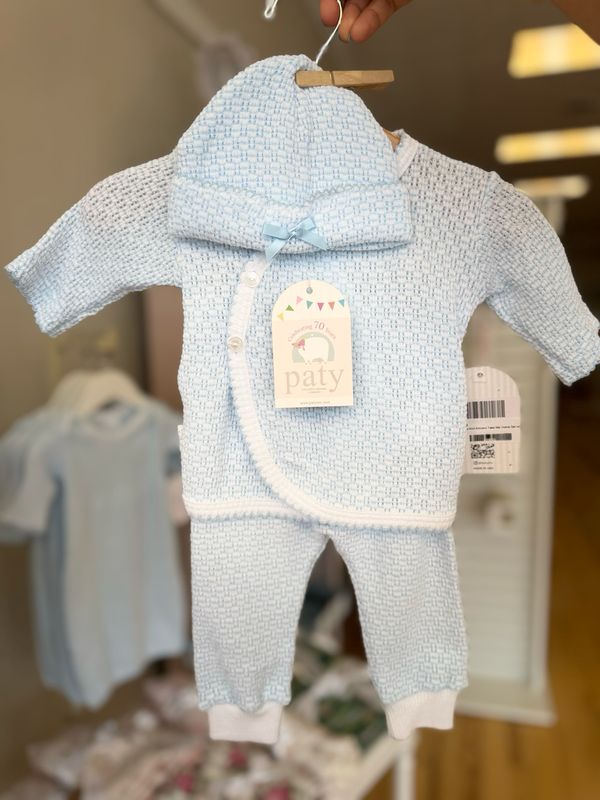 Paty Blue Knit Kimono Take Me Home Set with Blue Bow Beanie