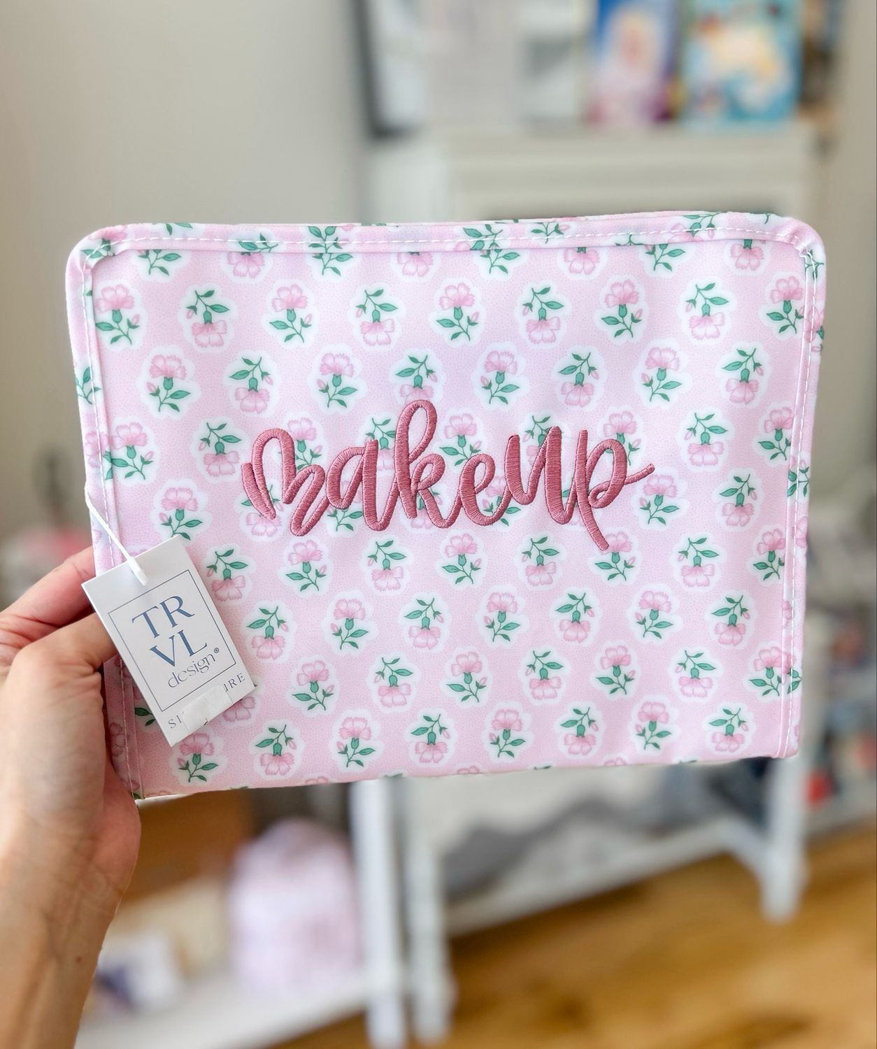 "makeup" Embroidered Large TRVL Roadie - Petite Pink Fleur