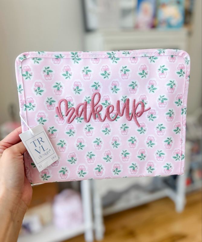 "makeup" Embroidered Large TRVL Roadie - Petite Pink Fleur