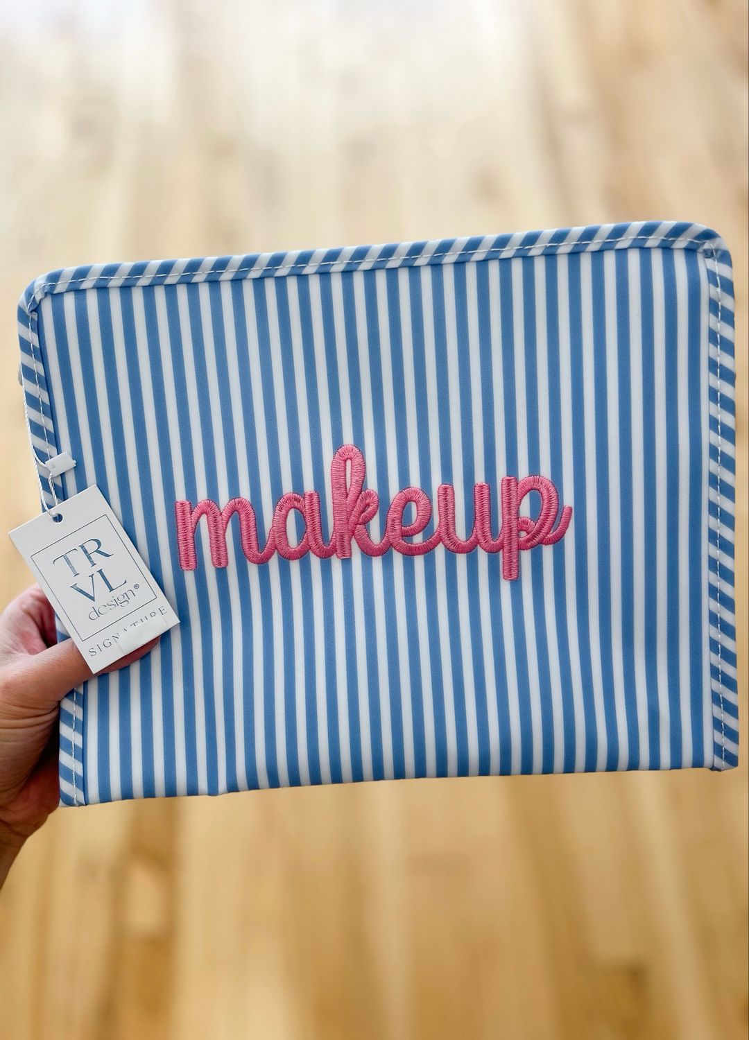 "makeup" Embroidered Large TRVL Roadie - Pimlico Chambray Stripe