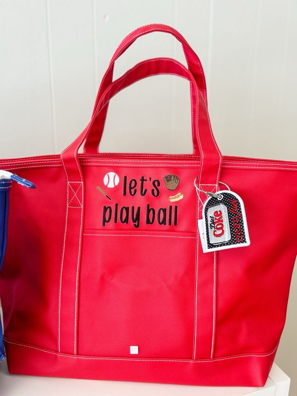 "Lets Play Ball" Embroidered TRVL Maxi Coated Canvas Tote In Red