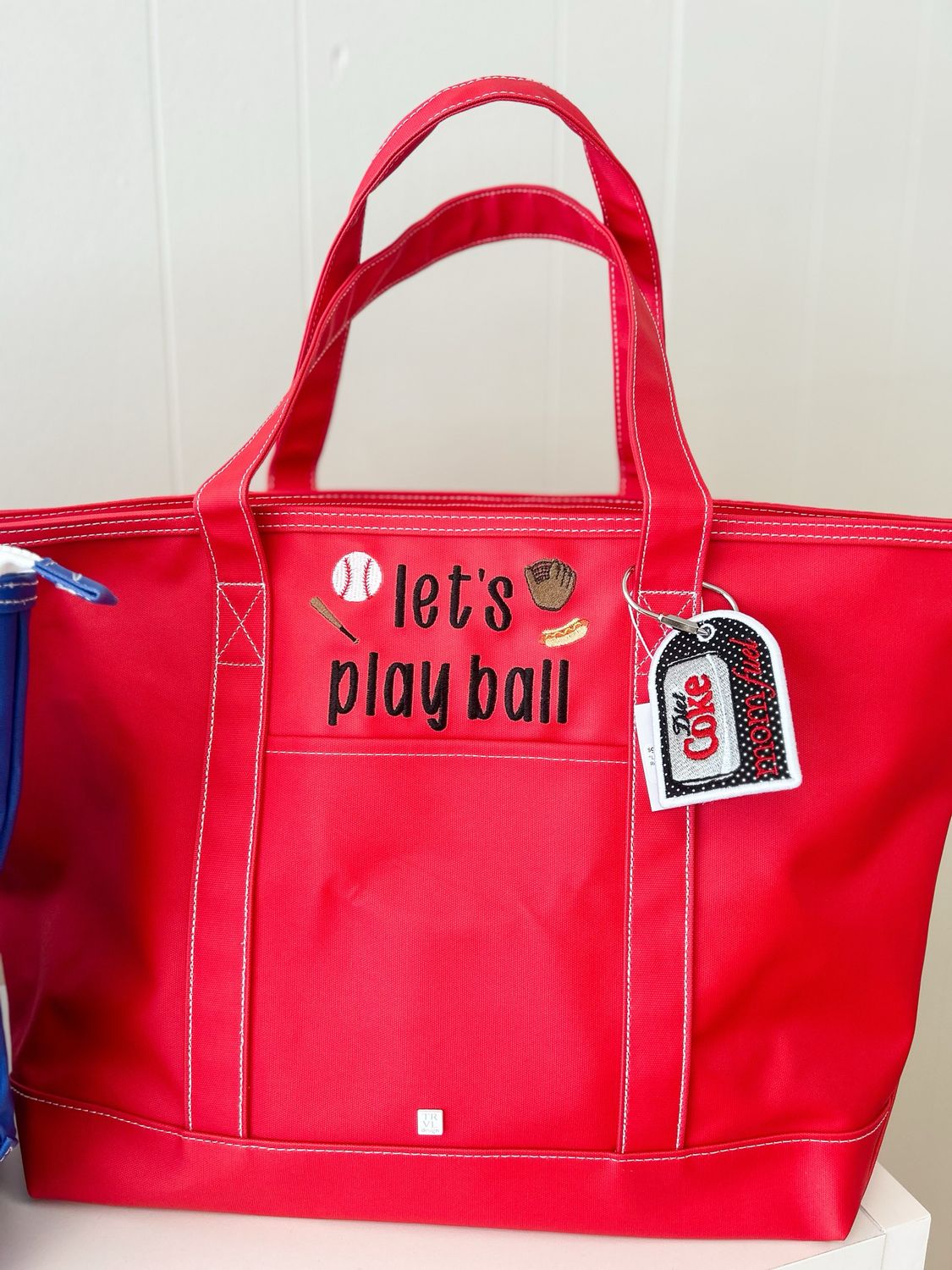 "Lets Play Ball" Embroidered TRVL Maxi Coated Canvas Tote In Red