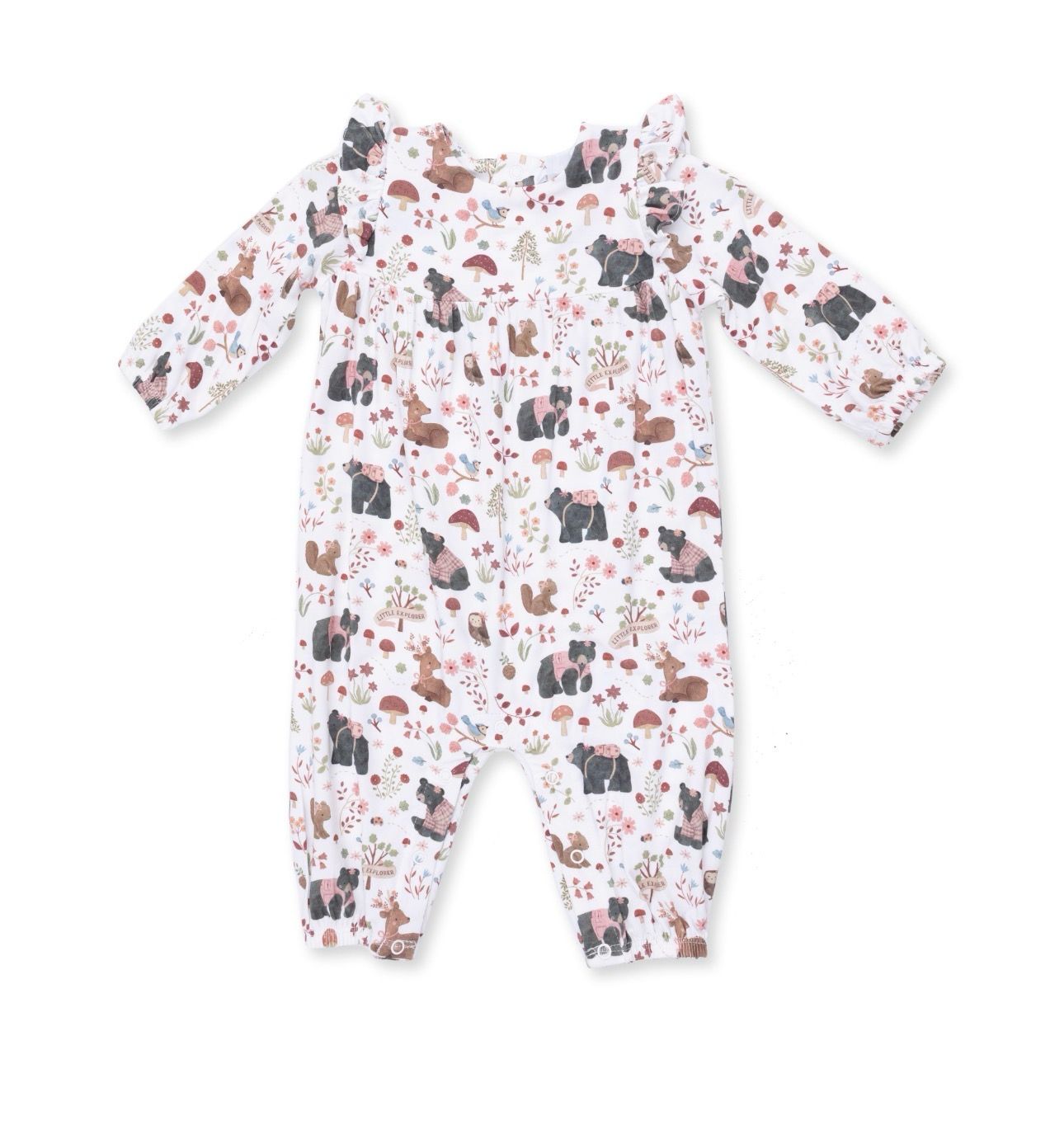 Southern Woodland Animals Pink - Ruffle Sleeve Snap Romper