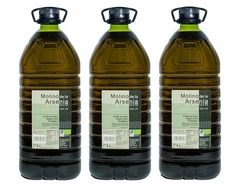 3 garrafas Aceite de Oliva Virgen Extra Ecológico 5l Molino de la Arsenia.