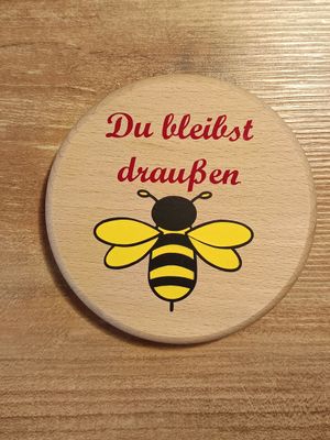 Getränkedeckel , Bierdeckel aus Buchenholz Biene muß draußen bleiben