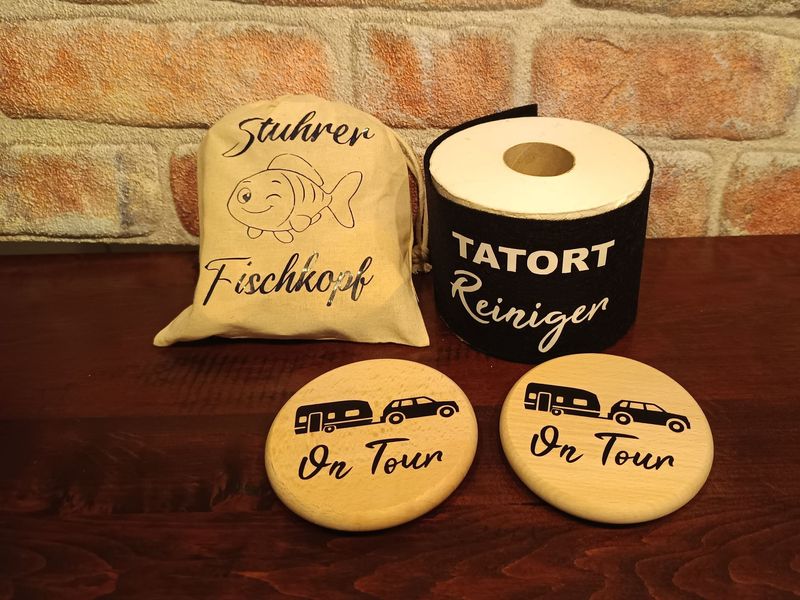 Camper Set~  1x Toilettenpapierbanderole, 2x Getränkedeckel, 1x Fischkopfspiel