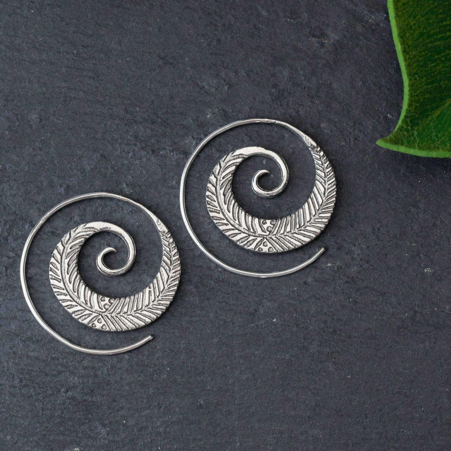 Spiral Feather Sterling Hoops