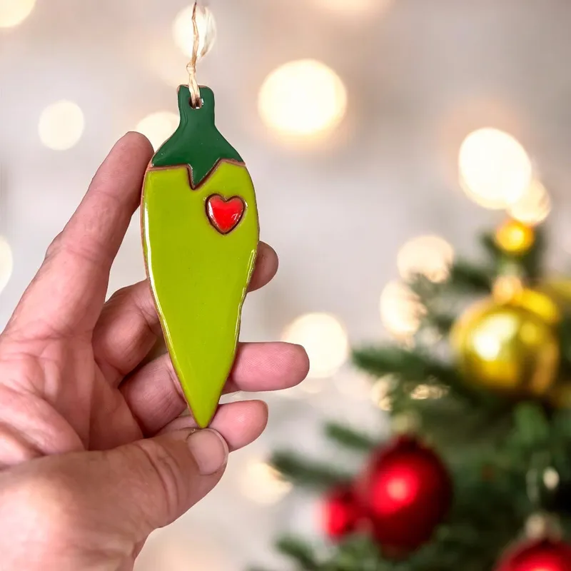 Green Chile Heart Clay Ornament