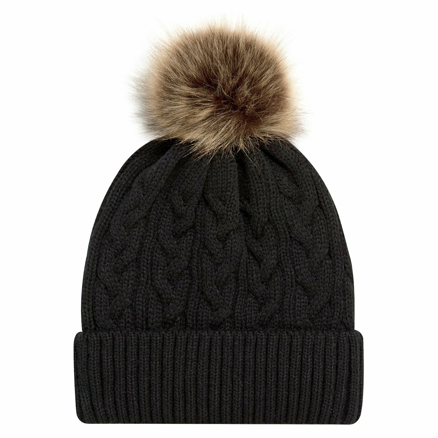 Acrylic Cuff Toque (Faux Fur Pom Pom 12cm), Colours: Black/Beige