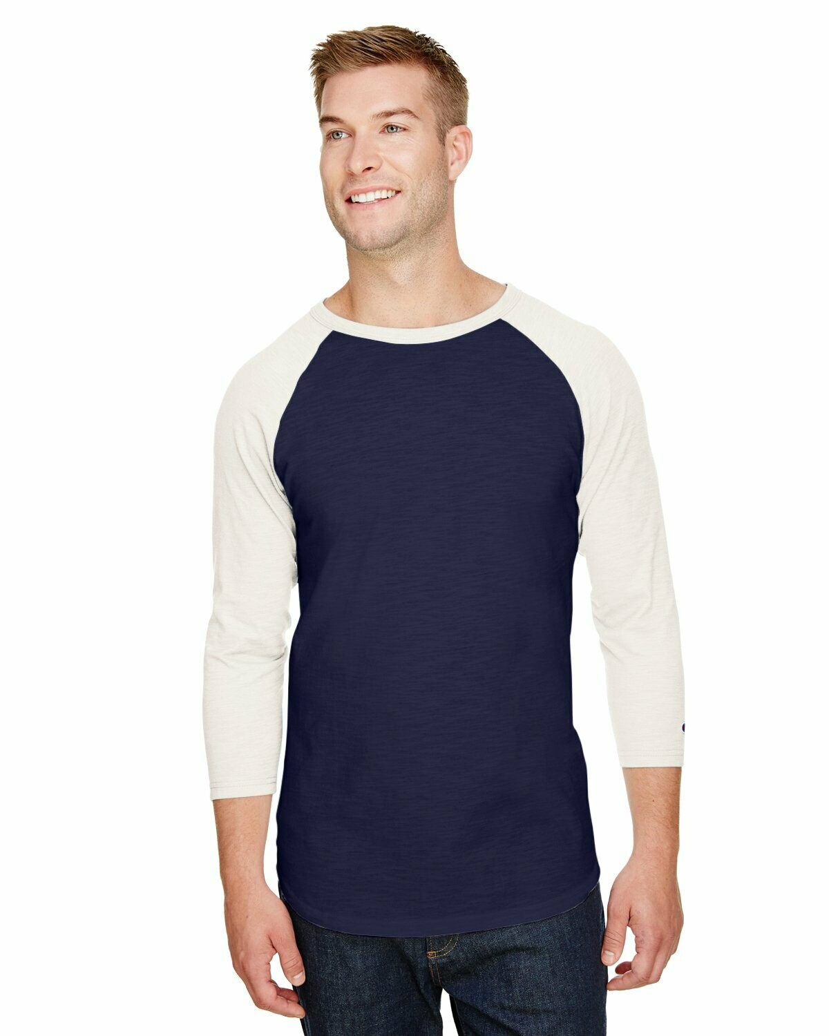 Adult Ringspun Slub Baseball T-Shirt, Colours: Navy/Chalk