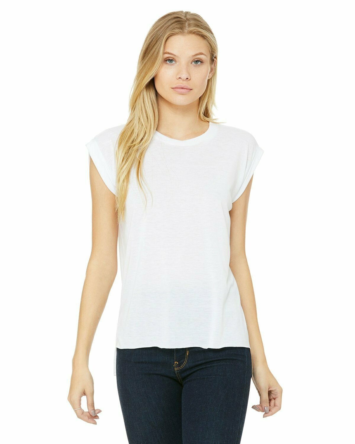 Ladies' Flowy Muscle T-Shirt with Rolled Cuff, Colours: White