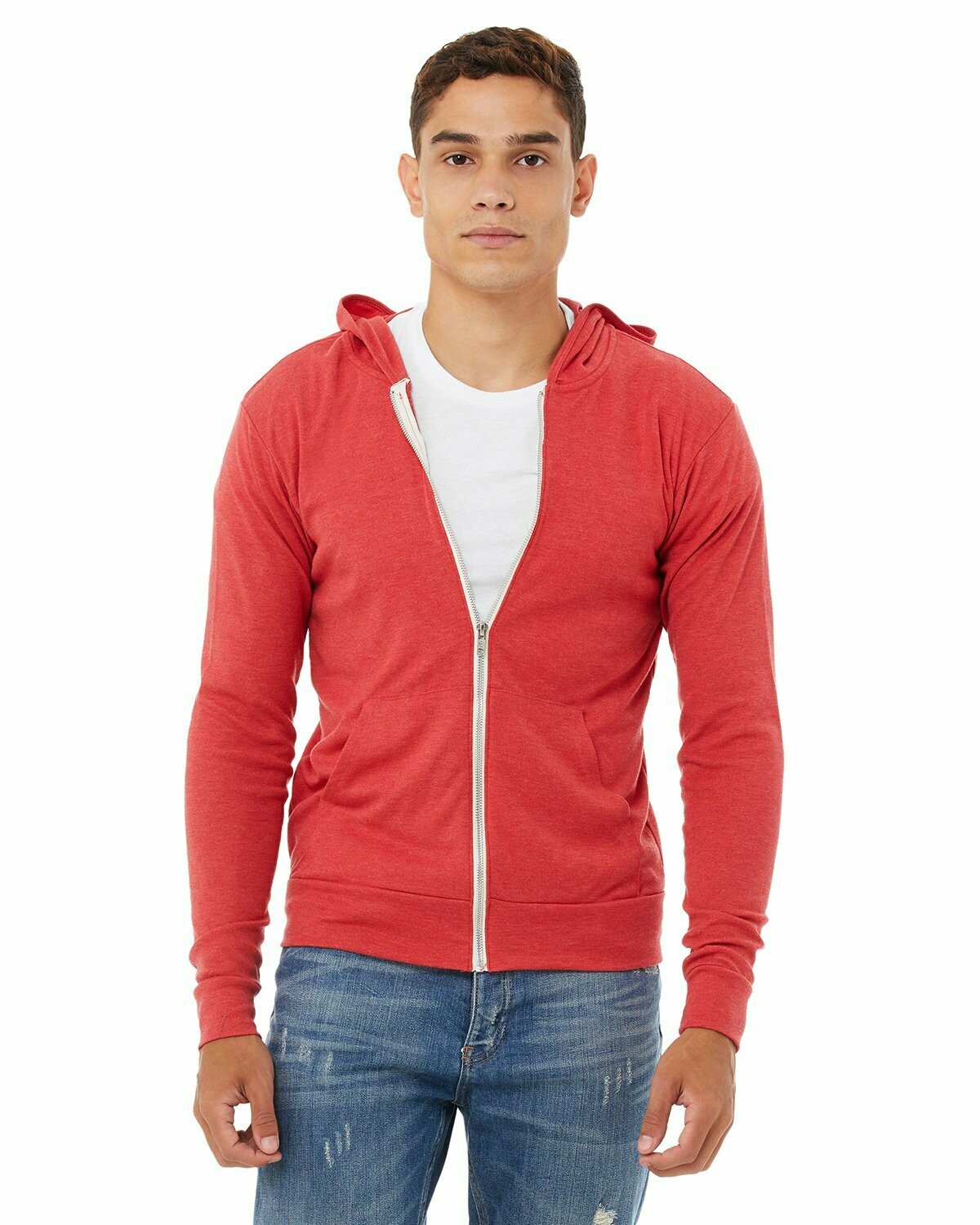 Unisex Triblend Full-Zip Lightweight Hoodie, Colours: Red