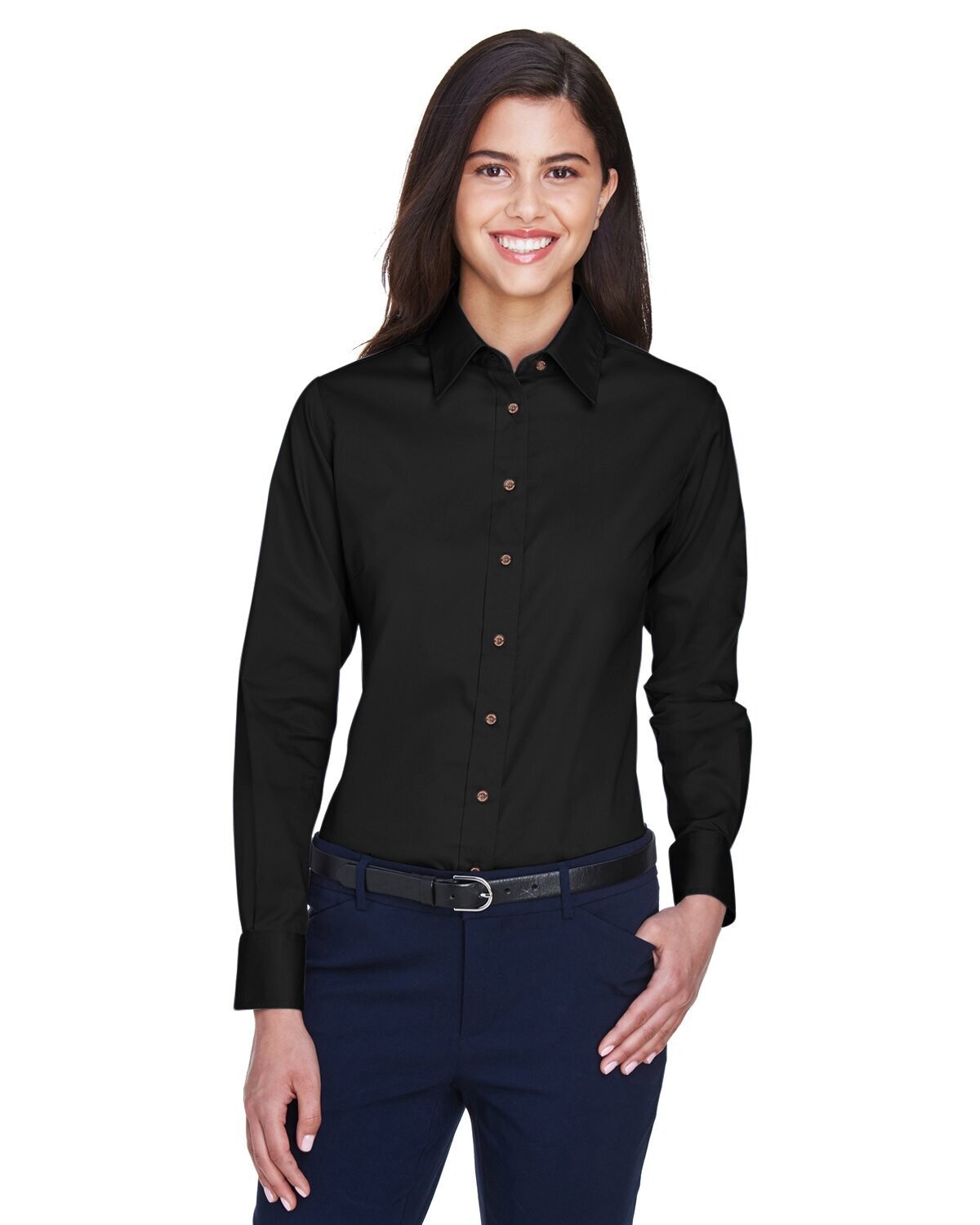 Harriton Ladies' Easy Blend™ Long-Sleeve Twill Shirt with Stain-Release, Colours: Black