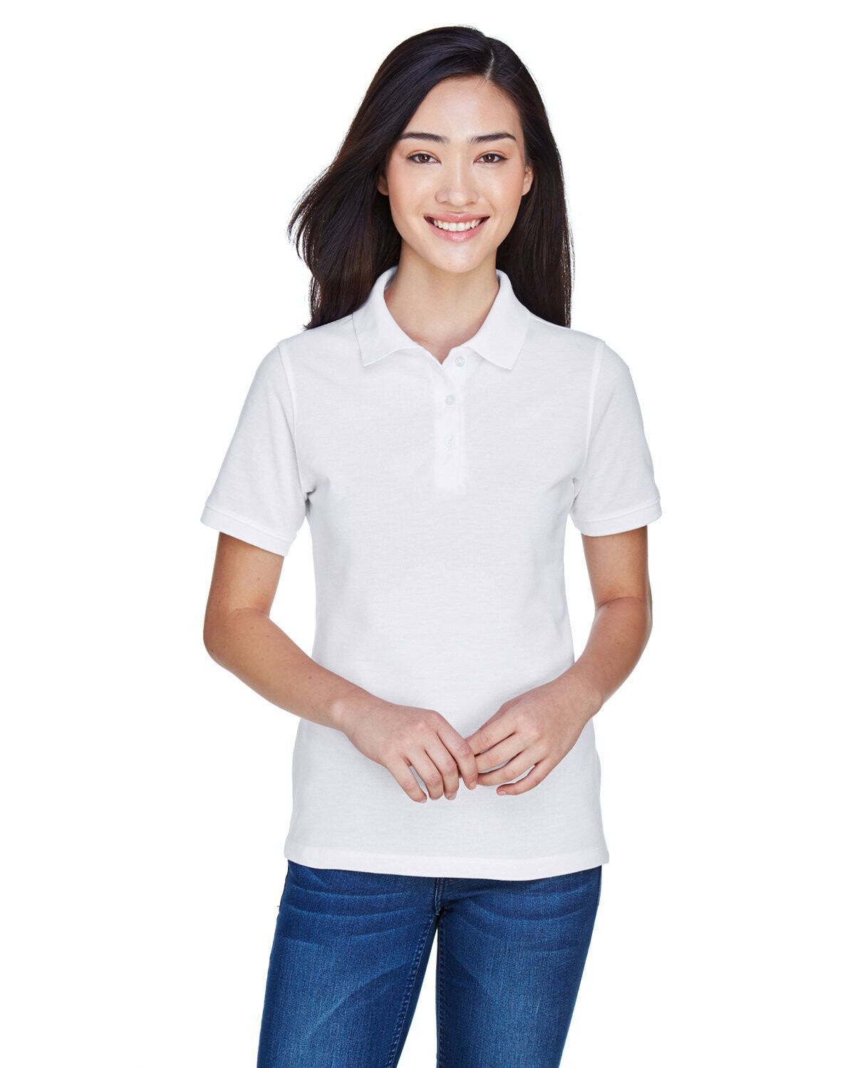 Harriton Ladies' 5.6 oz. Easy Blend™ Polo, Colours: White