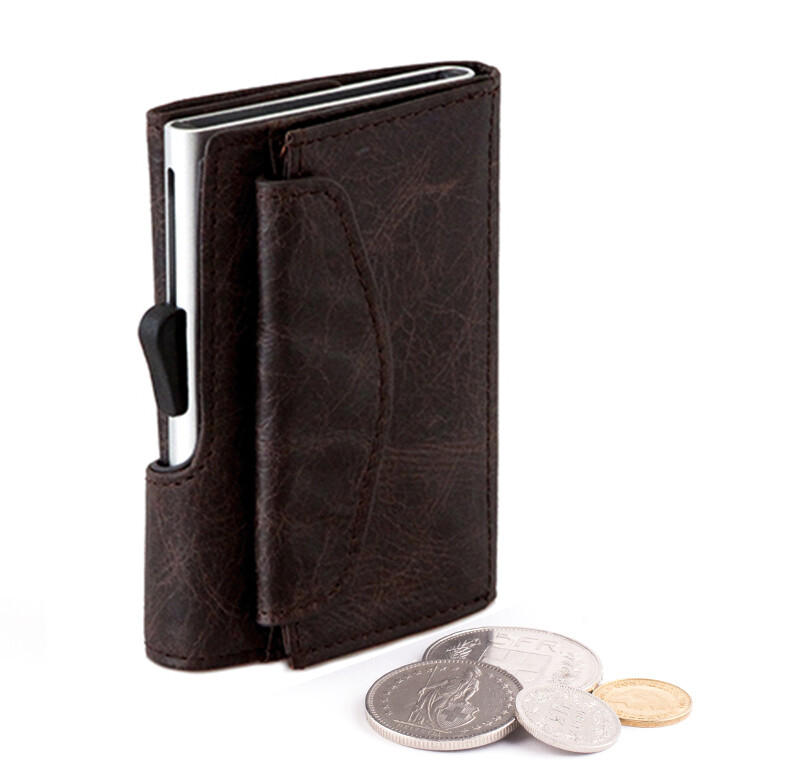 PORTE-MONNAIE ET CARTES RFID EN CUIR VINTAGE BRUN FONCÉ