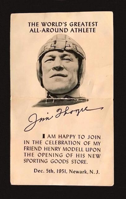 1951 Jim Thorpe Signed Postcard from the opening of Henry Modell’s Sporting Goods Store in Newark, NJ