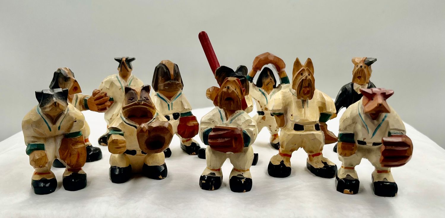 1930-40’s Folk Art Carved Wooden Baseball Dogs