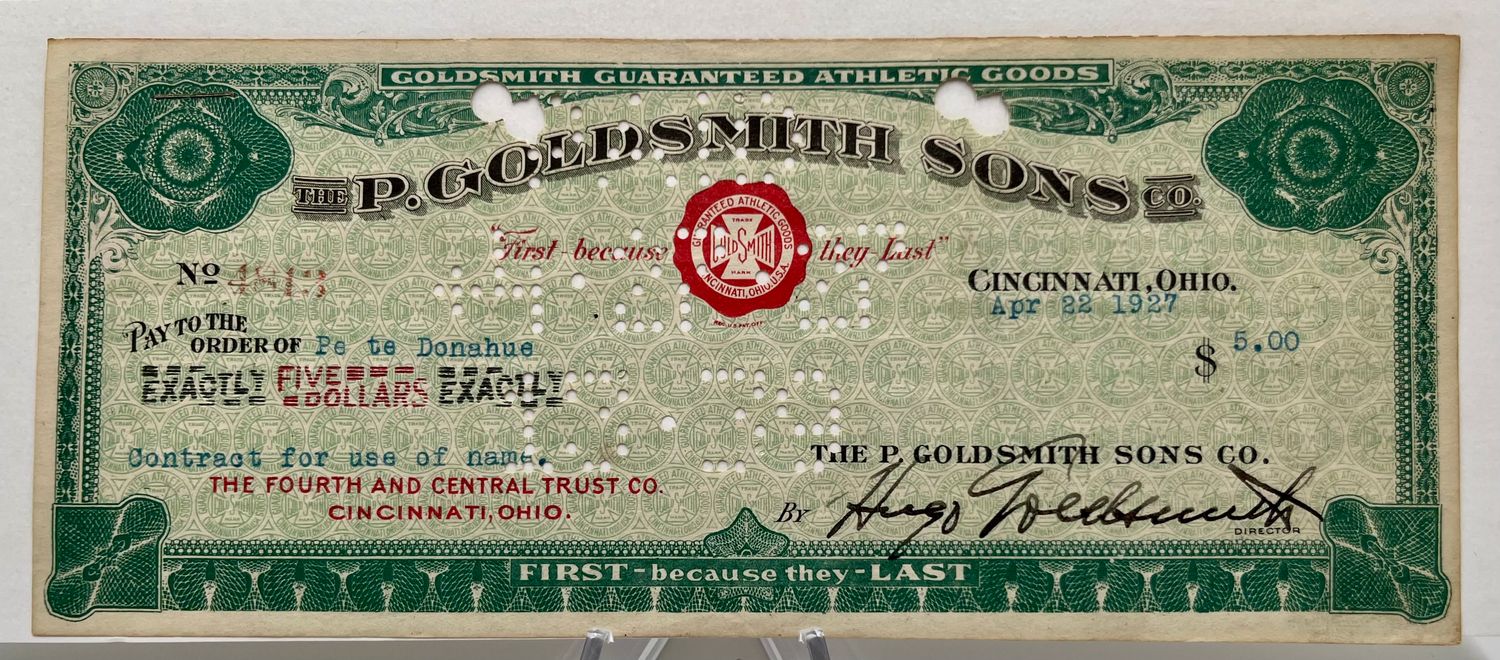 1927 Pete Donahue Autograph on a P. GoldSmith &amp; Sons Glove Contract Check