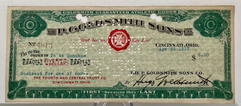 1927 Pete Donahue Autograph on a P. GoldSmith &amp; Sons Glove Contract Check