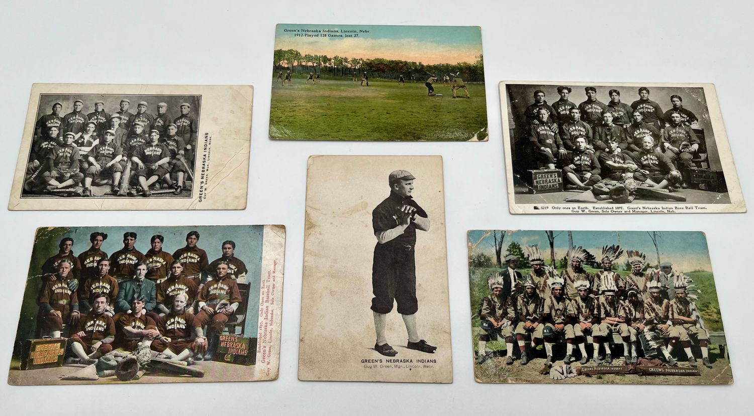 Lot of (6) Vintage 1910’s Green’s Nebraska Indians Baseball Postcards