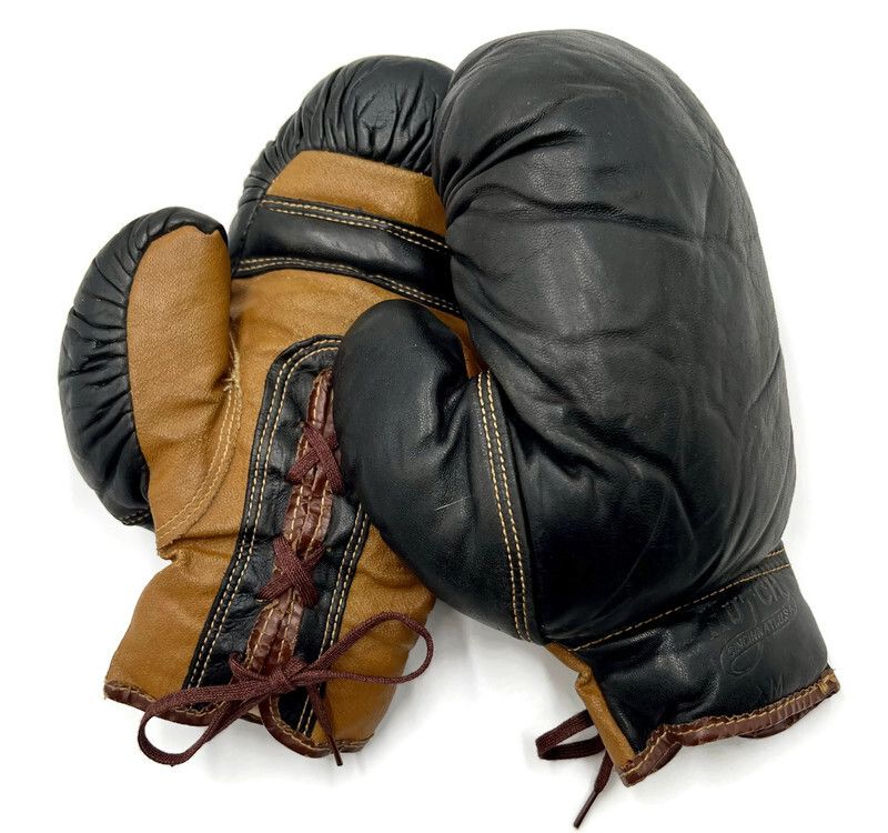 1930’s Vintage Black &amp; Brown Two-Tone Leather Boxing Gloves by Hutch