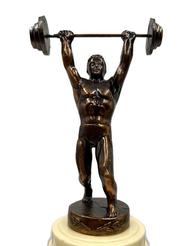 Vintage 1953 Body Builder Trophy with Figural Topper in Overhead Press