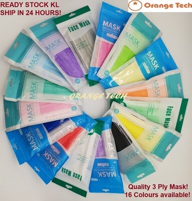 50PCS Colourful 3 Ply Face Mask, BFE <95% Disposable Face Mask. Comfort and soft, with Cert, Ready stock KL ship within 24 hour.