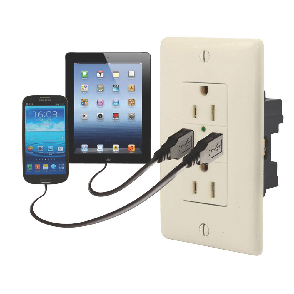 Dual USB Charger with Duplex Receptacle - Almond