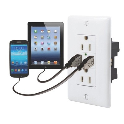 Dual USB Charger with Duplex Receptacle - White