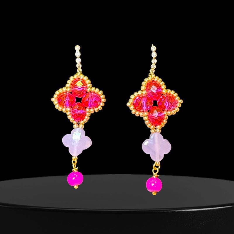 Aurora Fleur Ohrring in Neonpink, Flieder und Achatperle in pink