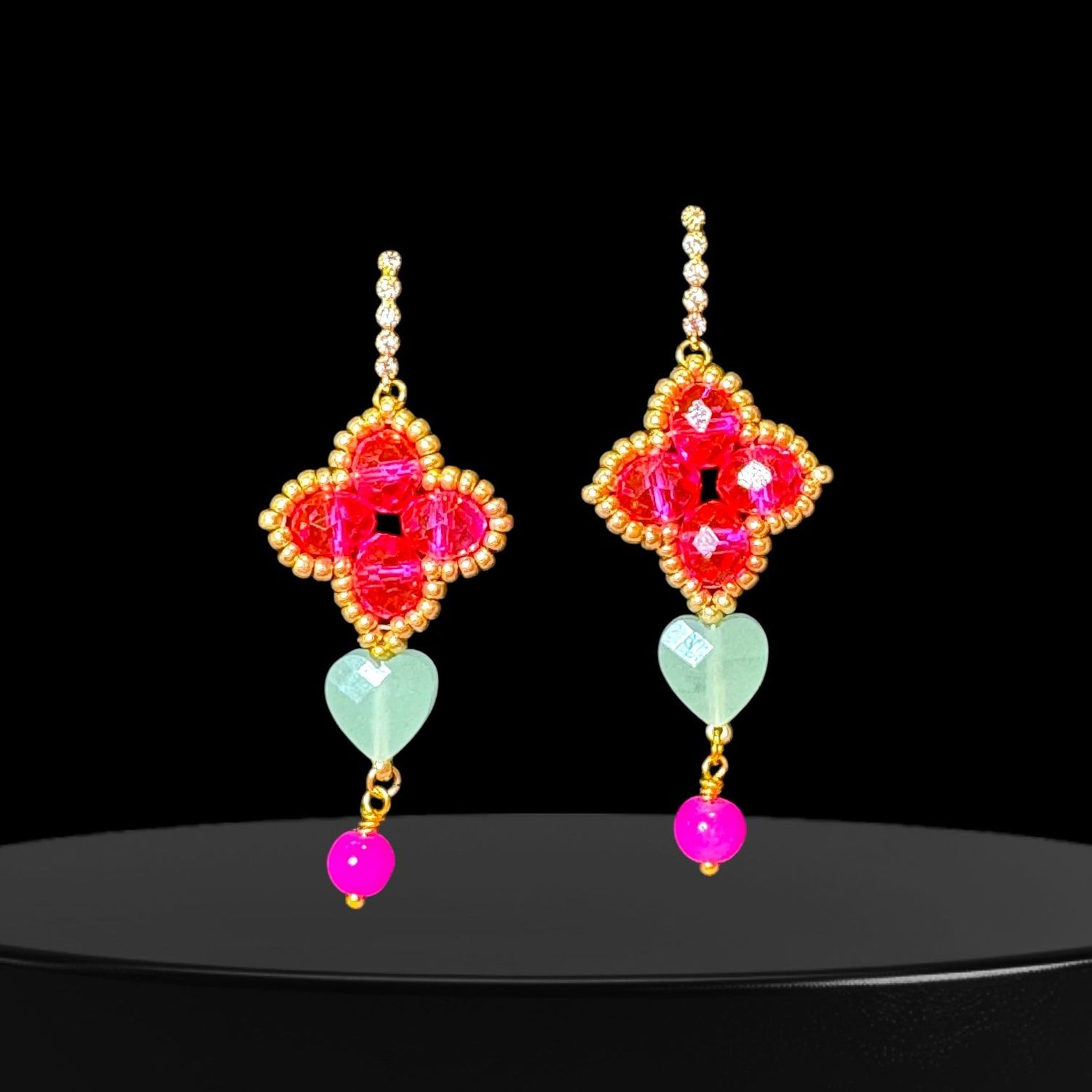 Aurora Fleur Ohrring in Neonpink, Mint und Achatperle in pink