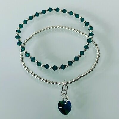 Emerald Green Swarovski Crystal and Sterling Silver Beaded Stacking Bracelets with Emerald Crystal Heart Charm Drop.