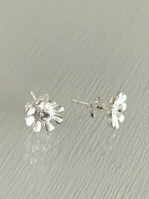 Sterling Silver white Enamel with Cubic Zirconia Flower stud earrings