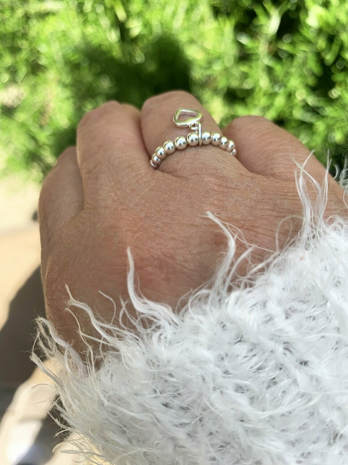 Sterling Silver Handmade Stretchy Beaded Ring With A Heart Charm Drop Sterling Silver Handmade Stretchy Beaded Ring With A Heart Charm Drop