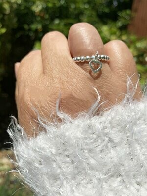 Sterling Silver Handmade Stretchy Beaded Ring With A Heart Charm Drop