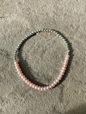 Dainty Soft Pink Freshwater Pearl And Sterling Silver Beaded Stretch Bracelet