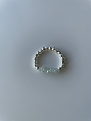Aquamarine Stretchy Sterling Silver Beaded Ring