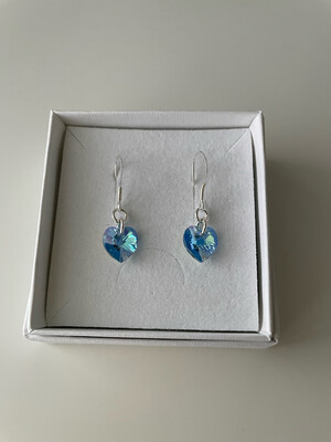 Aquamarine Crystal Heart Sterling Silver Drop Earrings