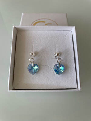 Aquamarine Crystal Heart Sterling Silver Stud Drop Earrings