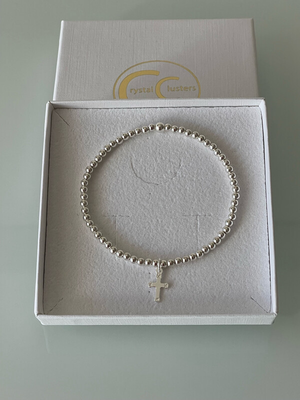 Sterling Silver Cross Charm Drop Stretchy Bracelet.