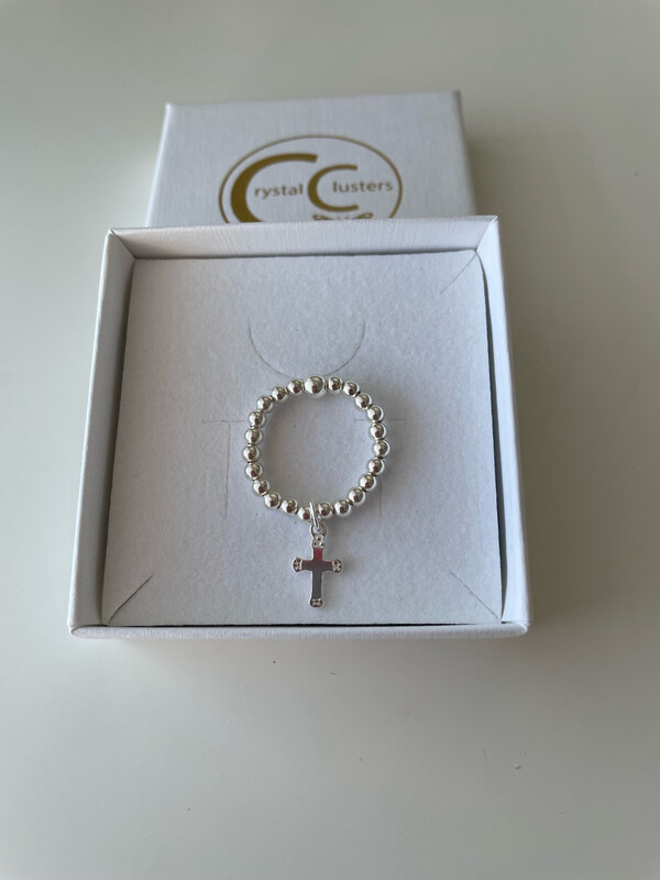 Sterling Silver Cross Charm Drop Stretchy Ring